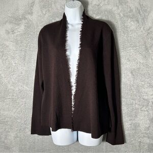 Eileen Fisher Wool Cardigan Womens Medium Brown Fringe Open Classic Sweater